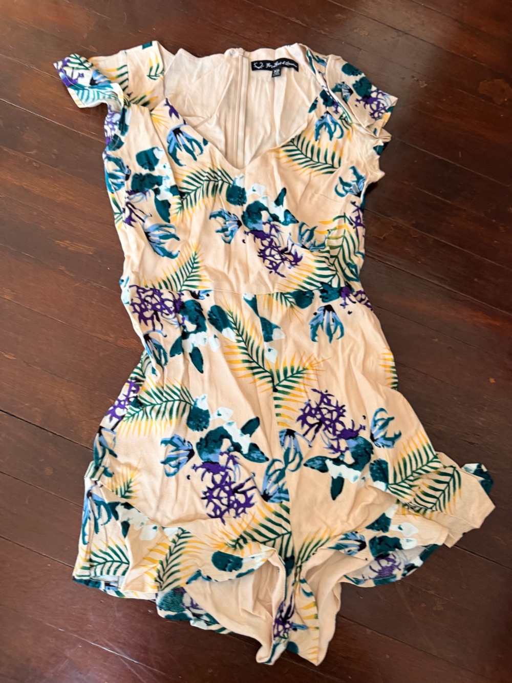For Love & Lemons Cream Dress with Teal, Purple & Yellow Tropical Print